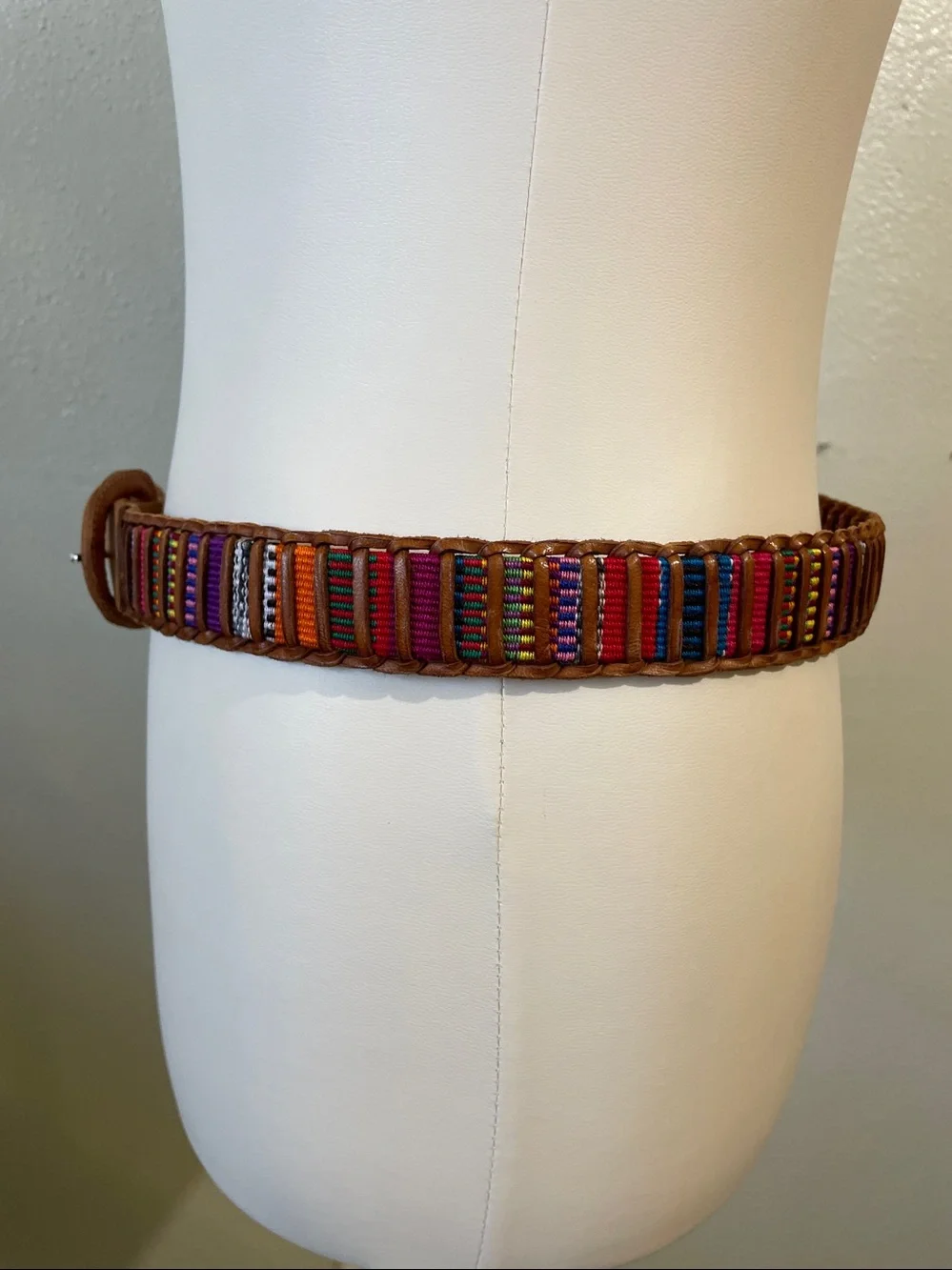 Boho Festival Woven Leather Belt Colorful Stripe Pin Closure Buckle Sz 34 Nomad